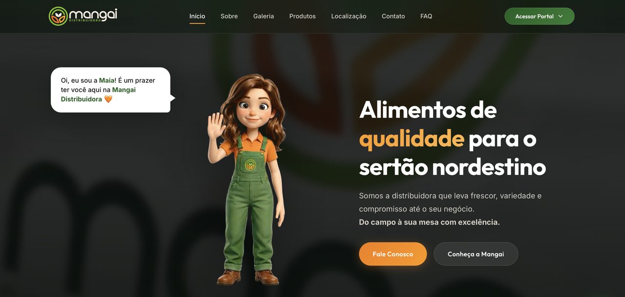 Hero do site da Mangai Distribuidora, com a mascote Maia em 3D