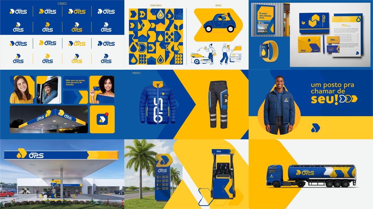 Manual de marca dos Postos OPS: variações de logo, padrões gráficos, uniformes, fachada e frota em azul e amarelo