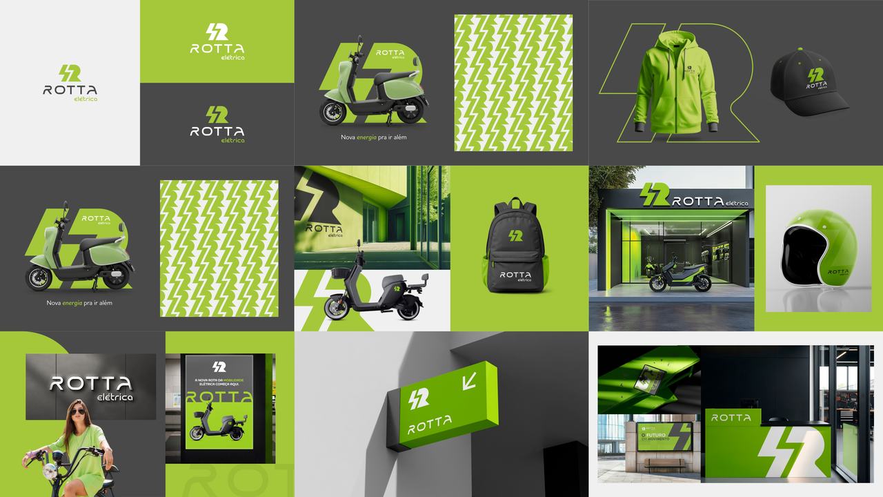 Manual de marca da Rotta Elétrica: logo, padrões gráficos, scooter, vestuário e loja em verde elétrico